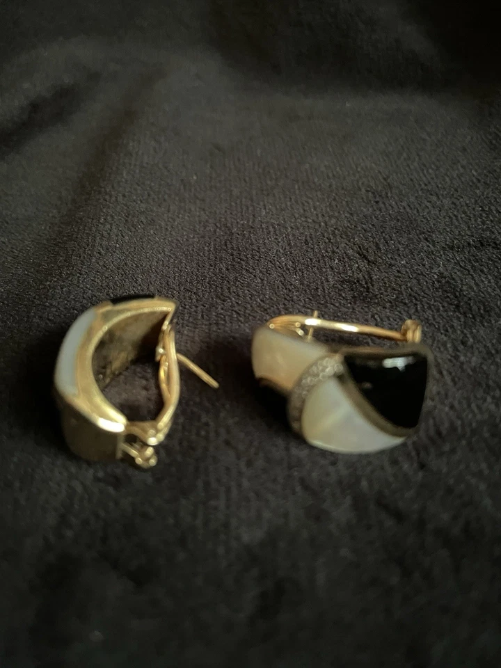 ASCH GROSSBARDT FINE INLAID EARRINGS ONYX MOP DIAMOND 14 YG 11.6 GM OMEGA BACK - Image 3 of 4