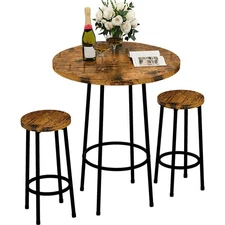 3 Pc Pub Dining Set Modern Round Bar Table and Stools for 2 Rustic Brown