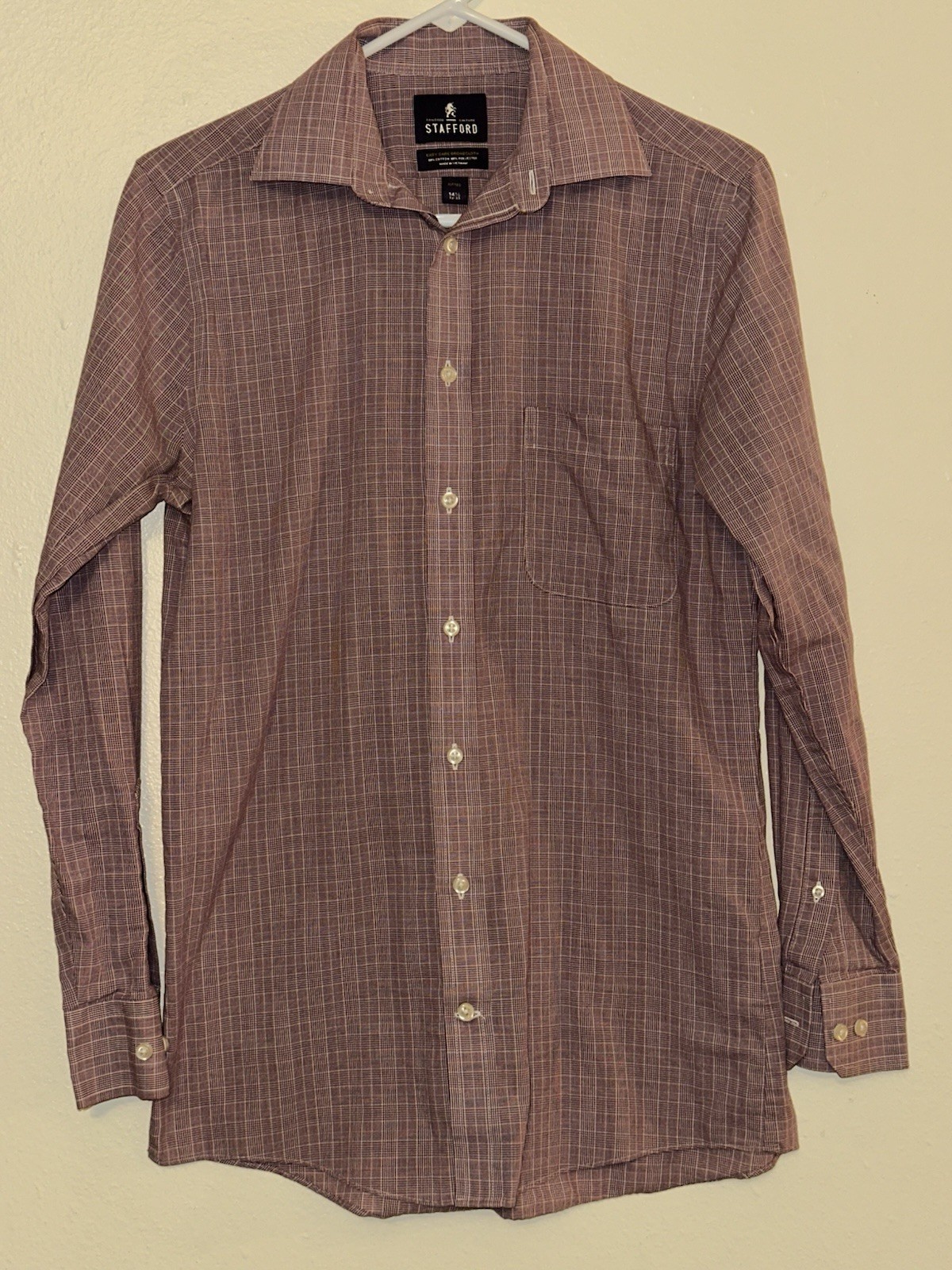 Stafford Easy Care Broadcloth Fitted Check Dress Shirt 14.5 Neck 32/33