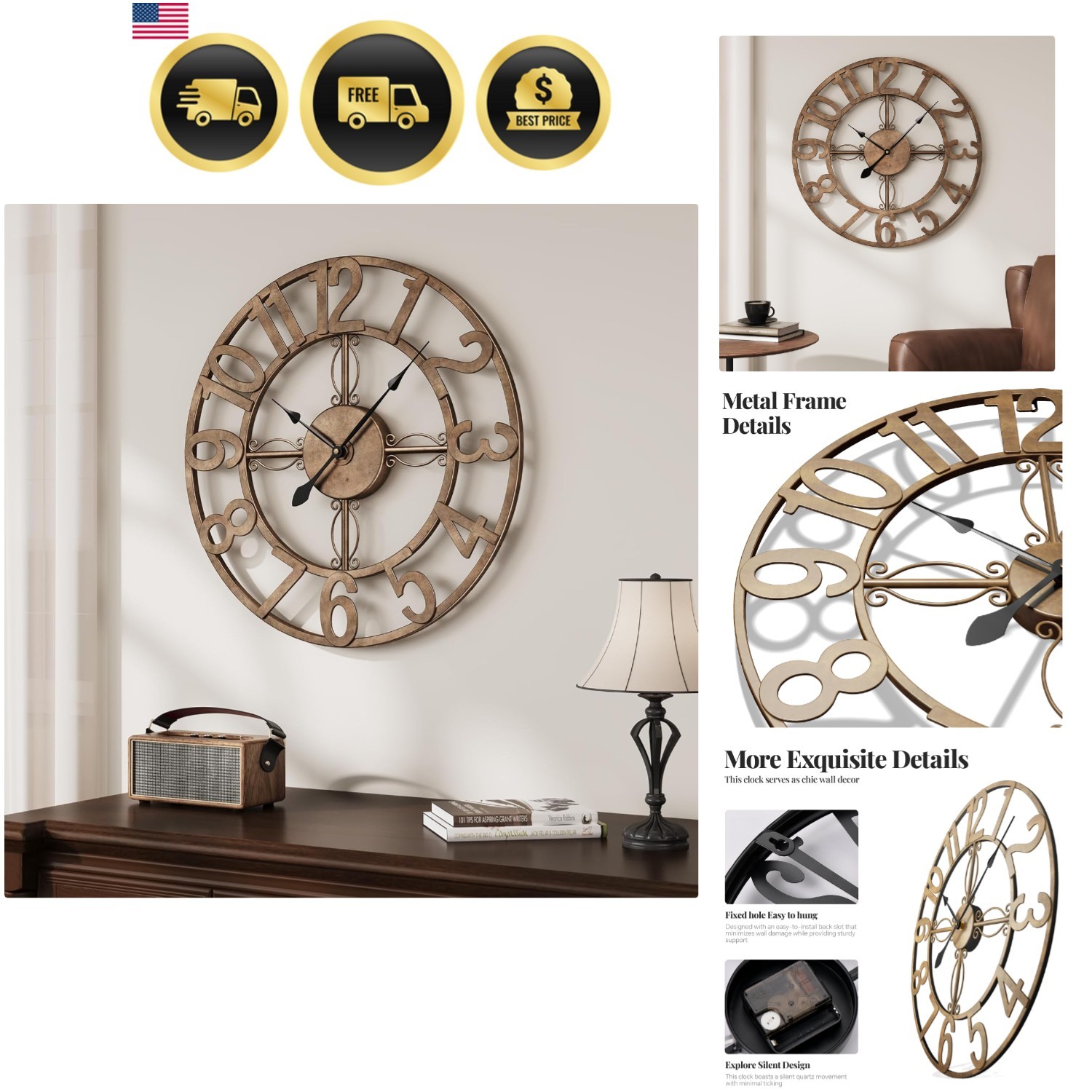 Large Wall Clock 20 Inch Modern Metal Round Silent Decorativ