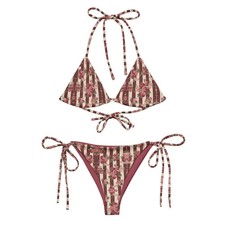 Burgundy Red Stripe String Bikini Women Retro
