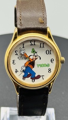 Vintage Disney Time Works Backwards Goofy Watch Gold Tone NOS Band New Battery