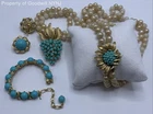 Vintage Trifari Gold Tone Faux Pearl Turquoise Jewelry Set 4 Piece Lot