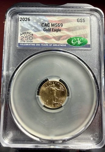 2026 $5 Gold Eagle MS69 CAC 1/10 oz America 250 Label Rare