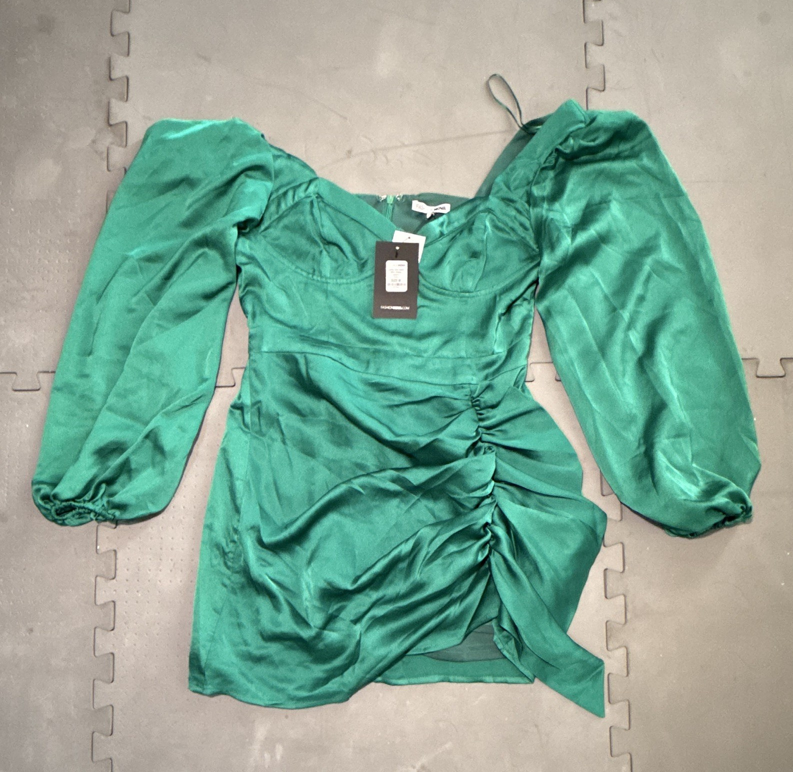 Fashion Nova Green Satin Mini Dress M Square Neck Long Puff Sleeve Ruched Zip