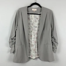 Skies Are Blue Raja Collarless Blazer L Gray Open Career 3/4 Ruched Sleeve