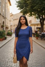 Kay Unger Women's Blue Zelda Puff-Sleeve Lace Midi Dress Business Church Size 8