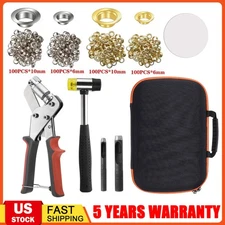 Grommet Tool Kit with Bag Handheld Hole Punch Pliers Hammer 200PCS 3/8 inch Gold