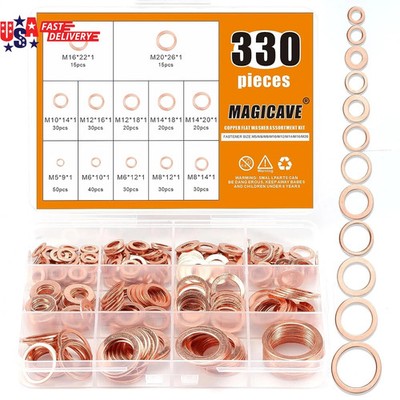 330PCS Copper Crush Washer Assortment Kit M5-M20 Metric Copper Sealing Washers f
