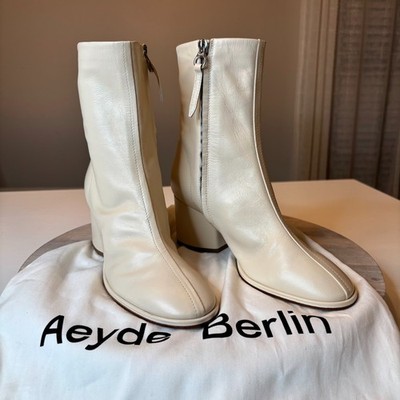 Aeyde Andrea Cream Leather Ankle Boots Block Heel Zip New Nordstrom  EU 37 US 7