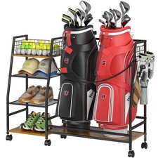 Golf Bag Storage Rack for Garage with Wheels, Organizer for 2 Golf Bag and Eq...
