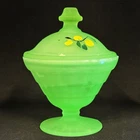 Vintage Anchor Hocking Block Optic Green Frosted Uranium Glass CandyDish Painted