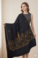 Sanskriti Vintage Black Pure Wool Shawl Hand Embroidered Suzani Stole Wrap Veil