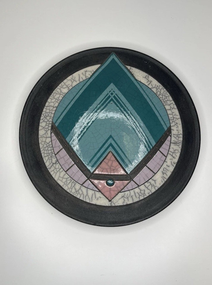 Andy Smith Pottery Raku Memphis Lid Decor Dish Wall Hanging Black Green ...