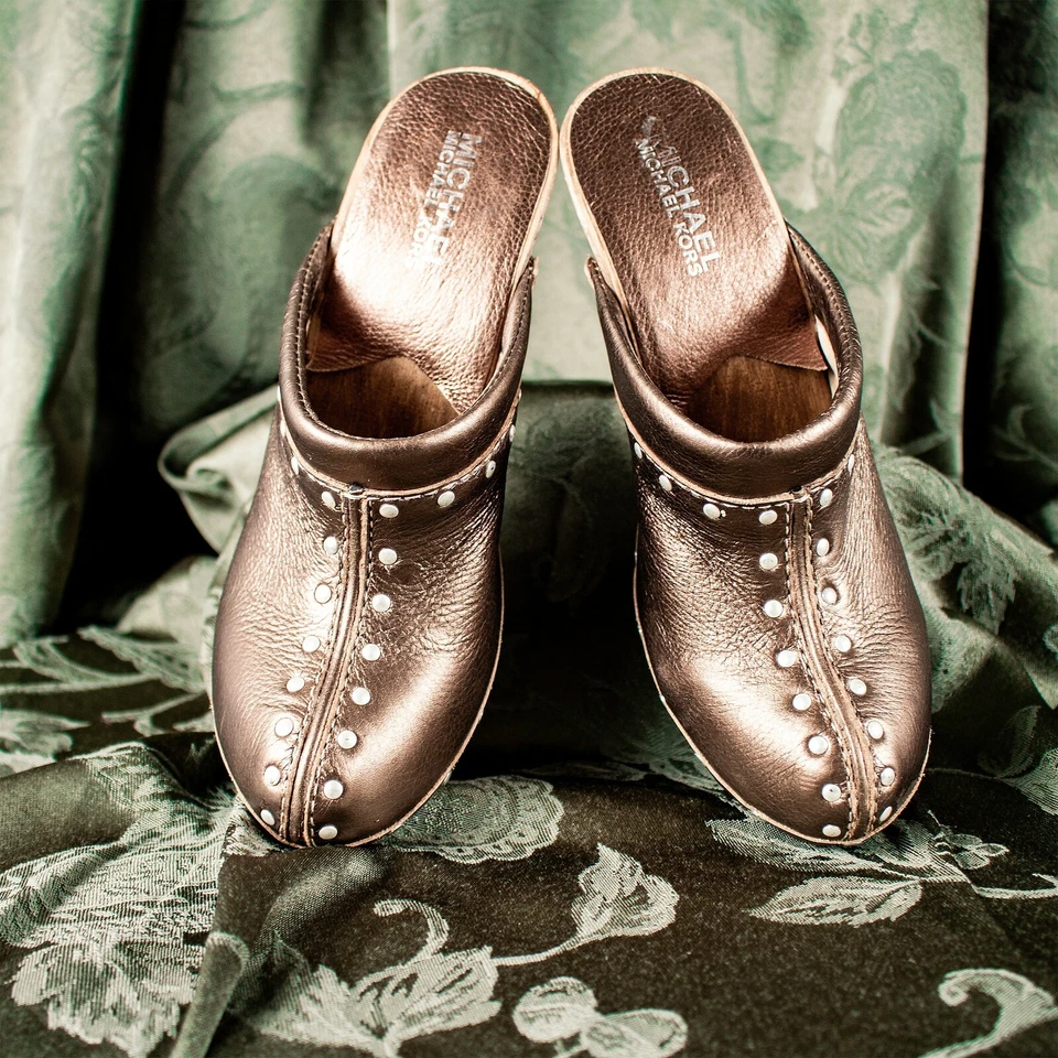 MICHAEL KORS Nuevo Bronce Dorado Tachuelas Cuero Mujeres Bloque Mula Zapatos Talla 6 M Foto 4 de 4