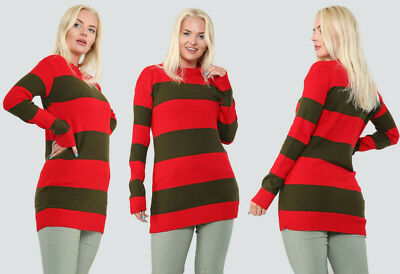 Womens Halloween Red And Green Freddy Krueger Fancy Dress Strippe Knitted  Jumper | eBay