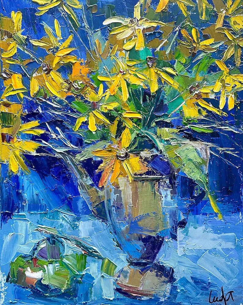 Impasto Oil Paint Canvas Art Sunflowers Blue Vase Scroll Painting ws3421S Impasto Oil Paint Canvas Art Sunflowers Blue Vase Scroll Painting ws3421S