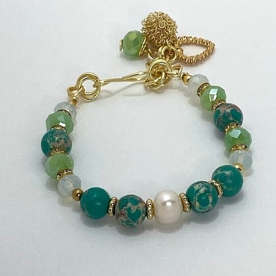 Wire Semi Precious Stone and Crystal Bracelet with Gold