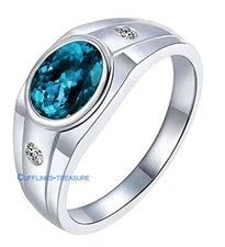Natural London Blue topaz & CZ Gemstones 925 Sterling Silver Ring For Men's #909