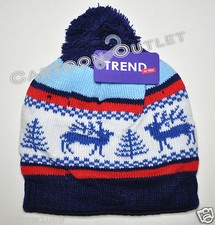 KIDS BEANIE HAT DEER DESIGN WARM KNIT STOCKING STUFFER GIFT BOYS GIRLS BLUE RED