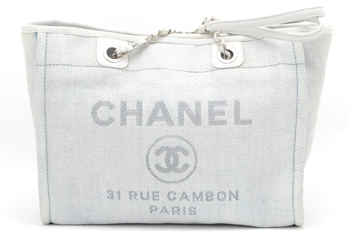 【CHANEL】white deauville chain shoulder bag★トートバッグ CHANEL Deauville Chain Shoulder Bag Tote Canvas Purse