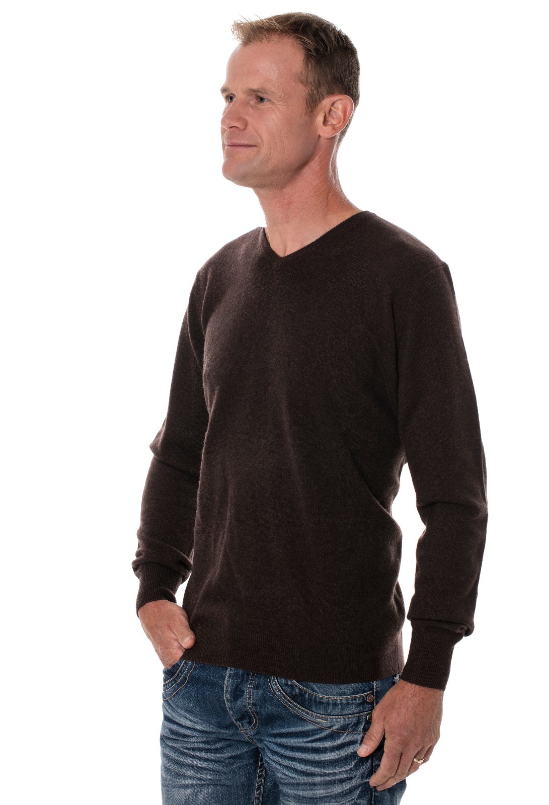 Ugholin Jersey para Hombre Cuello en V 100% Lana de Yak Marrón