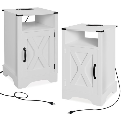 Nightstand Set of 2 w/ Charging Station Wooden Rustic End Table w/ Storage Room