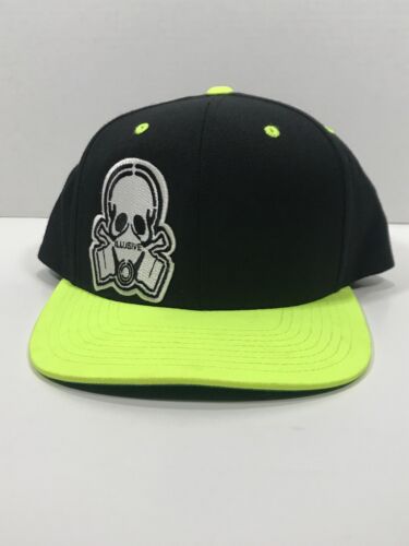 Illusive Black Neon Green Snap Back Hat Skull And Crossbones Wearing Gas Mask