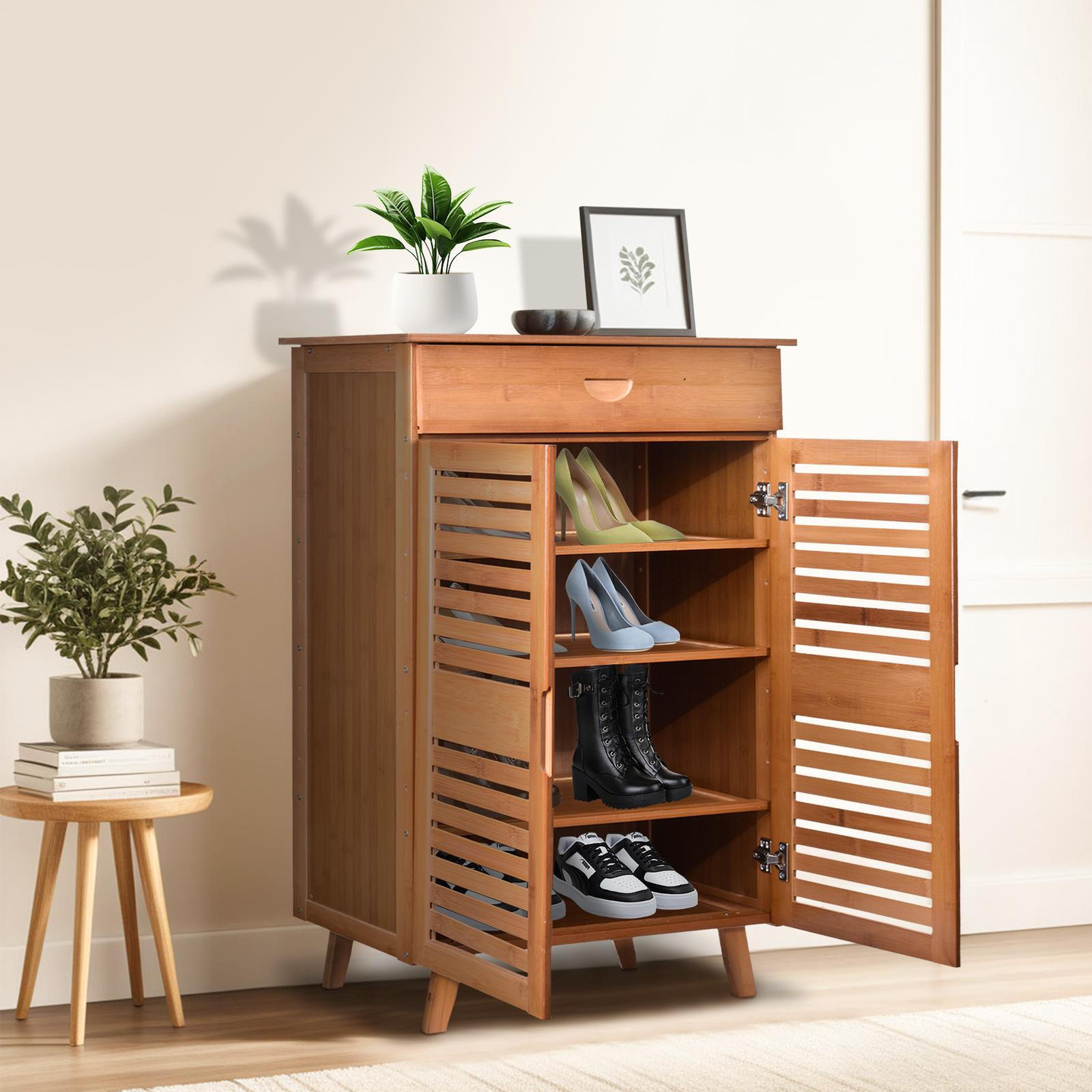 5-Tier Shoe Cabinet Wooden Shoes Rack Organizer with Doors for Entryway Home