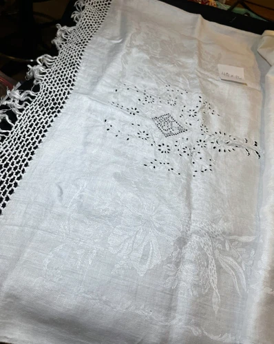 Vintage Italian Linen Damask Runner W/ Fringe Edge, Floral & Embroidery 48x26