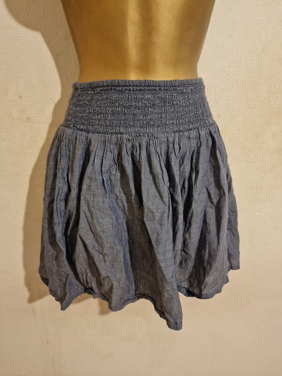 Blue Elasticated Shirred Smocked Crinkle Pleated Flared Rara Mini