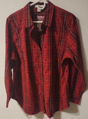 Coldwater Creek Button Up Shirt Womans 18W Red White Plaid Star 4th Of.NWOT 
