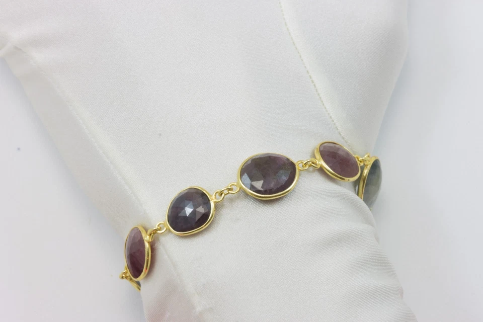 Pulsera Zafiro Crudo Natural Bisel Multicolor 8 9 Pulgadas Ajustable Oro 14k F Foto 2 de 2