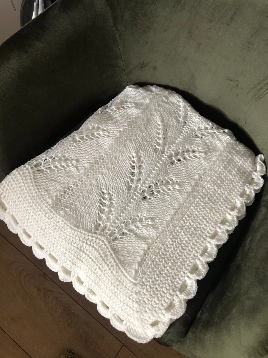 Hand Knitted Baby Shawl Blanket Baby Shower White 36in x 34in New In Gift Box