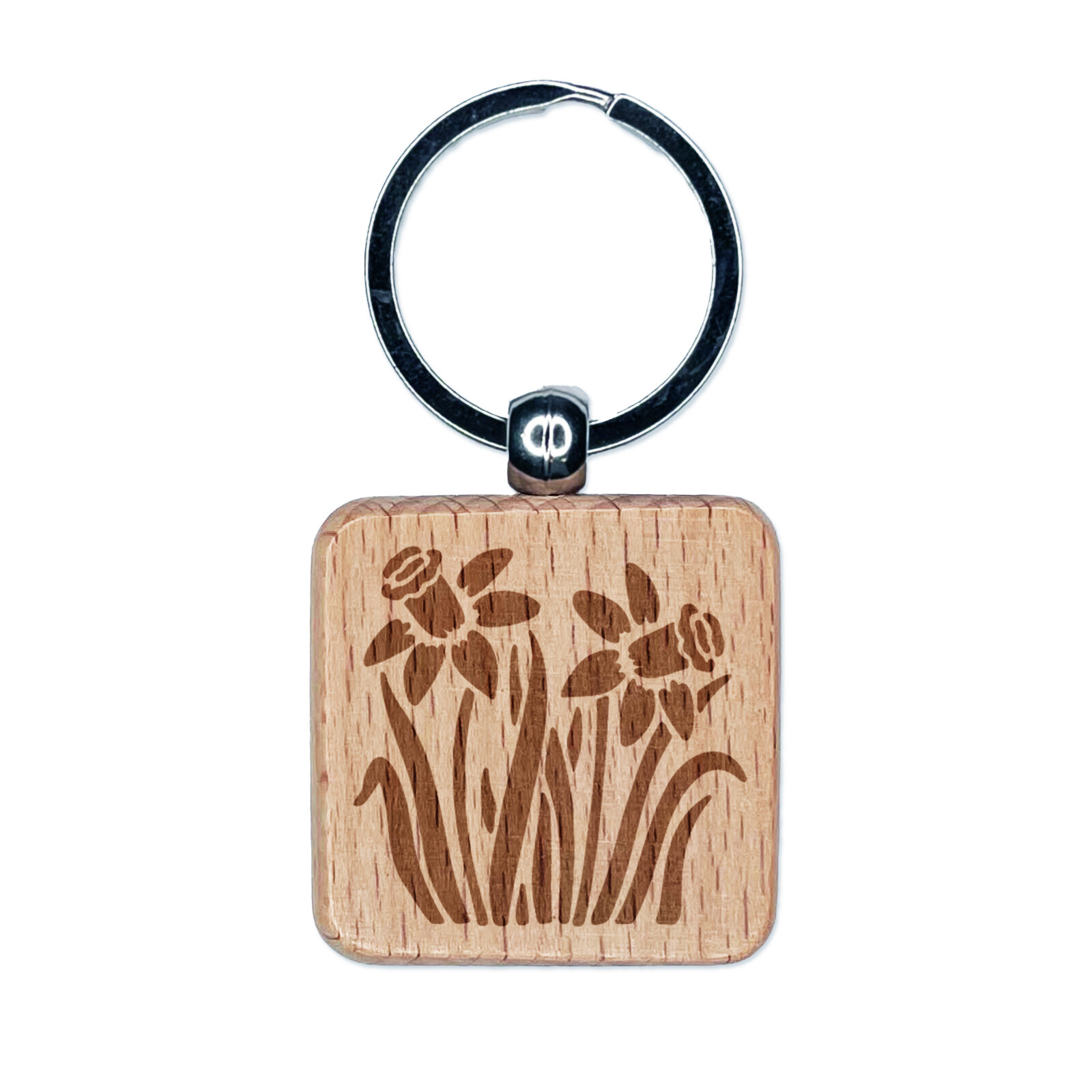 Daffodil Flowers Engraved Wood Square Keychain Tag Charm