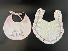 Vintage 2 Baby/Doll BIBS 1 White Machine Embroidered 1 Hand Crocheted White Pink