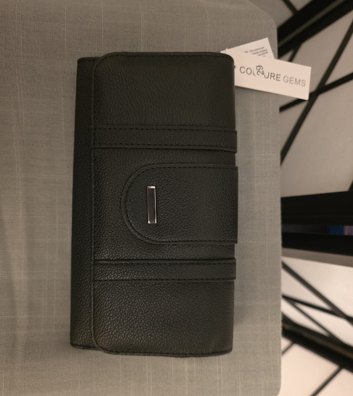 COUTURE GEMS Black Long Fold Wallet Clutch Snap, Card Slots, ID Window