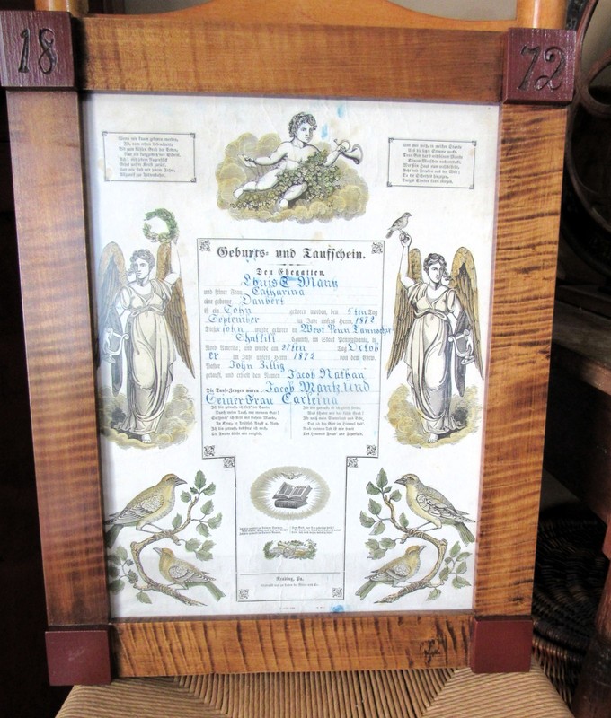 Antique 1872 Penn. German Fraktur Birth Baptism - Hand Painted - Custom Frame