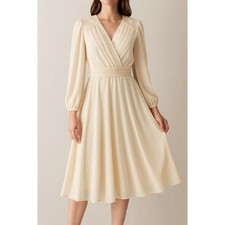 Lizzy & Johnny by Lucero Cream Midi Dress Vintage Pleated Surplice Belted M