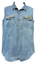 VTG 90s Y2K Women Size L Button Up Sleeveless Denim Top Light Wash Lace Pockets
