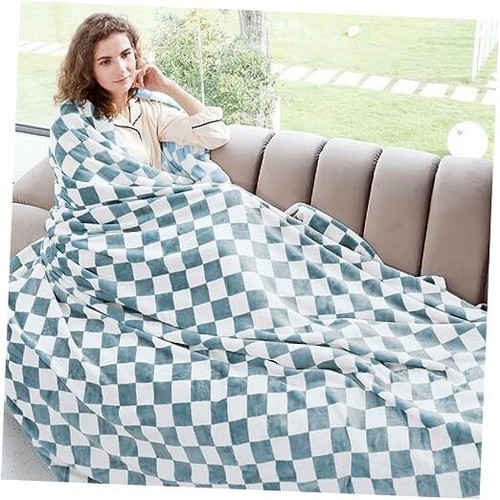 Blue Throw Blankets for Women Girls - Checkered Blanket Soft Fuzzy Warm Fleece