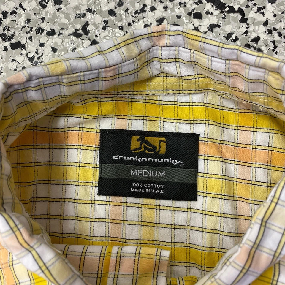 Drunknmunky Shirt Mens Medium Yellow Button Up Short Sleeve Checks Logo - Image 2 of 4