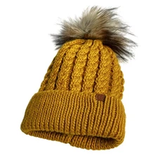 David and Young Hat Beanie Womens One Size Chunky Knit Faux Fur Pom Winter Warm