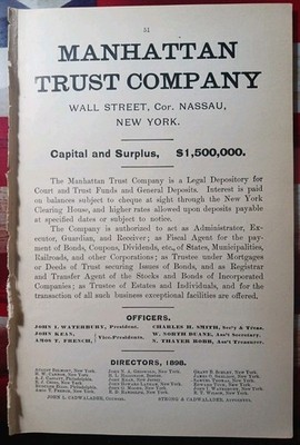 ~1898 Antique Advertising MANHATTAN TRUST COMPANY John Waterbury President NYC