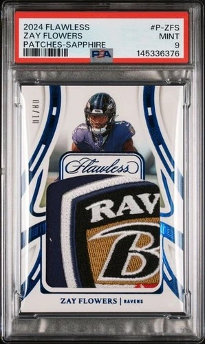 ZAY FLOWERS 2024 PANINI FLAWLESS SAPPHIRE PARTIAL LOGO PATCH SP /10 PSA 9