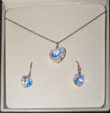 New Sterling Silver Swarovski Elements Heart Necklace Earrings Set Aurora Boreal