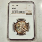 1943 Walking Liberty Half - NGC MS62 – Dual Rainbow Colorful Monster Toned