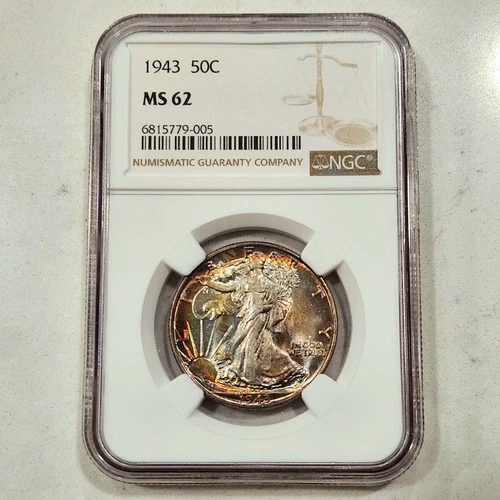 1943 Walking Liberty Half - NGC MS62 – Dual Rainbow Colorful Monster Toned