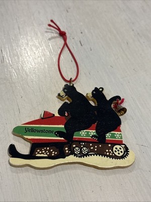 Yellowstone Wooden Ornament Bears On Snow Mobile 2000 Mother Moose Peggy Kupper