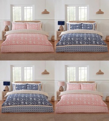 Eleanor Floral Geometrisch Reverse Duvet Quilt Cover Set Bed Linen Blush Navy